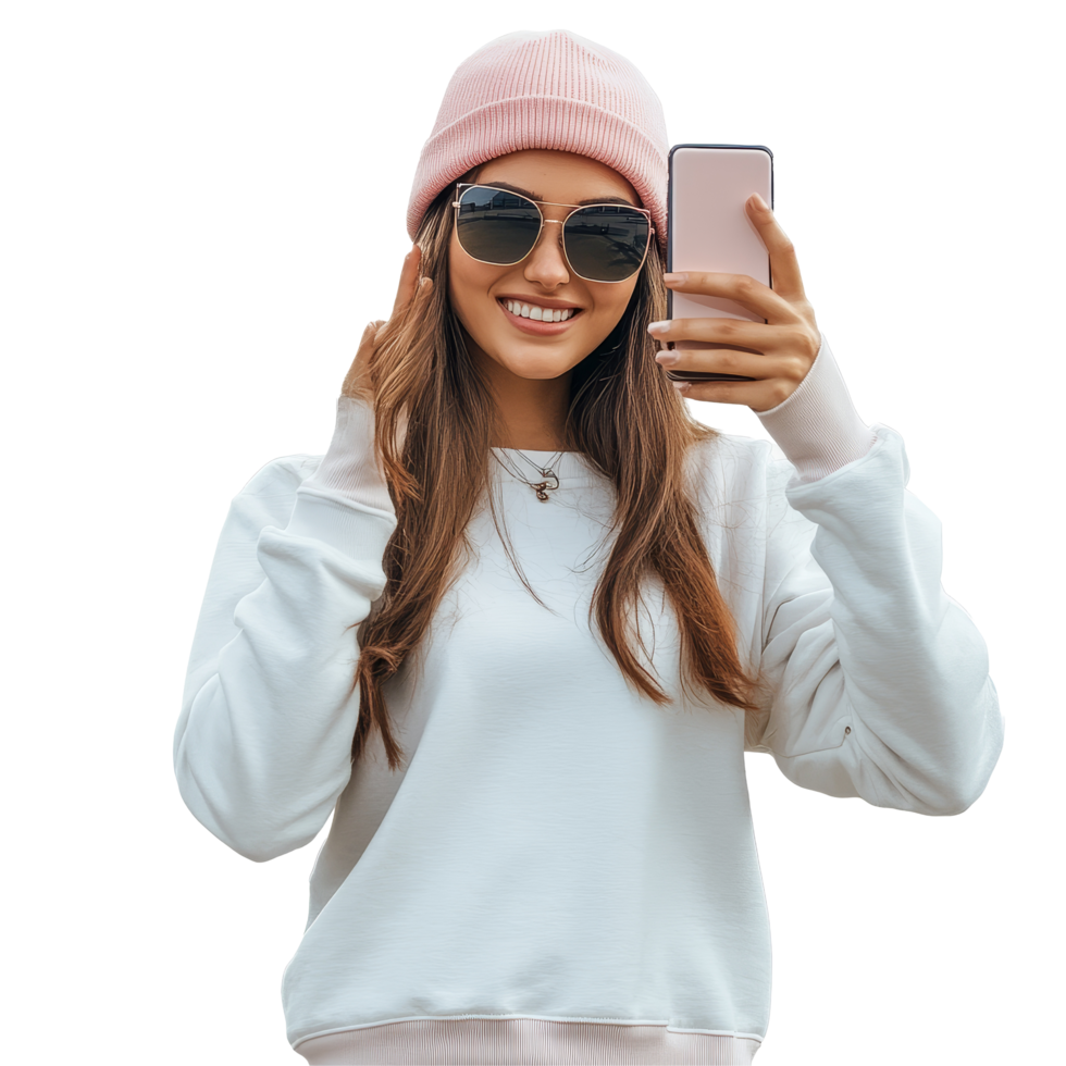 A casual woman wearing a pink beanie smiles while taking selfies with her phone outdoors on a sunny day, Casual woman taking pictures with her phone file no background png