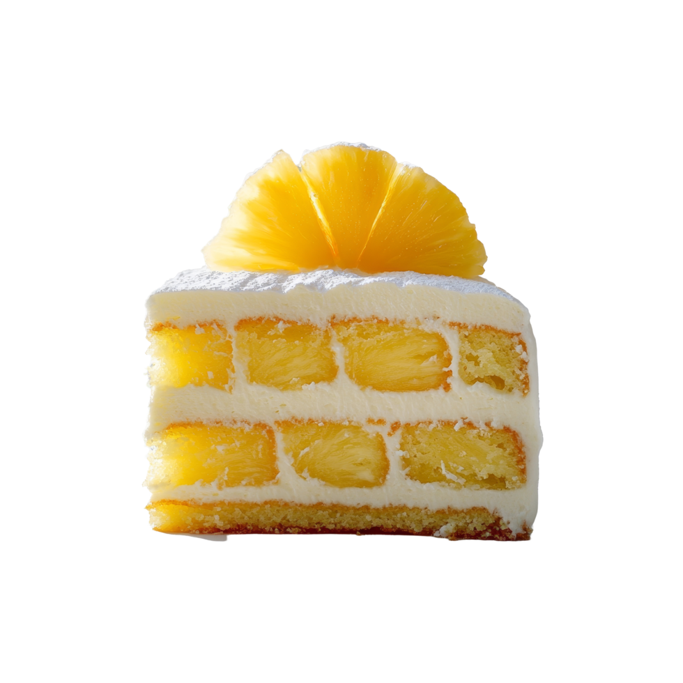 A delicious slice of pineapple cake on a minimalist background inviting a fresh and tropical dessert experience, Pineapple cake slice on a minimalist background, format with transparent background png