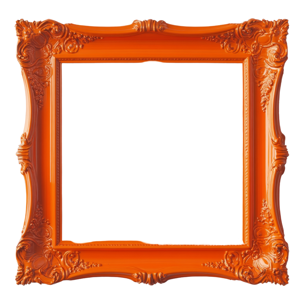Bright orange ornate picture frame on a simple background ideal for showcasing art or photographs in a creative space, Orange blank picture framerealistic horizontal picture frame png