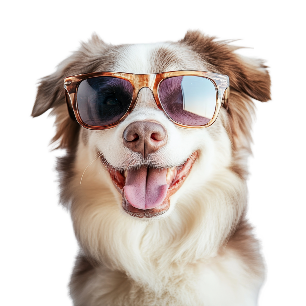 A joyful dog wearing stylish sunglasses poses playfully against a transparent backdrop, Funny dog wearing sunglasses on transparent background png