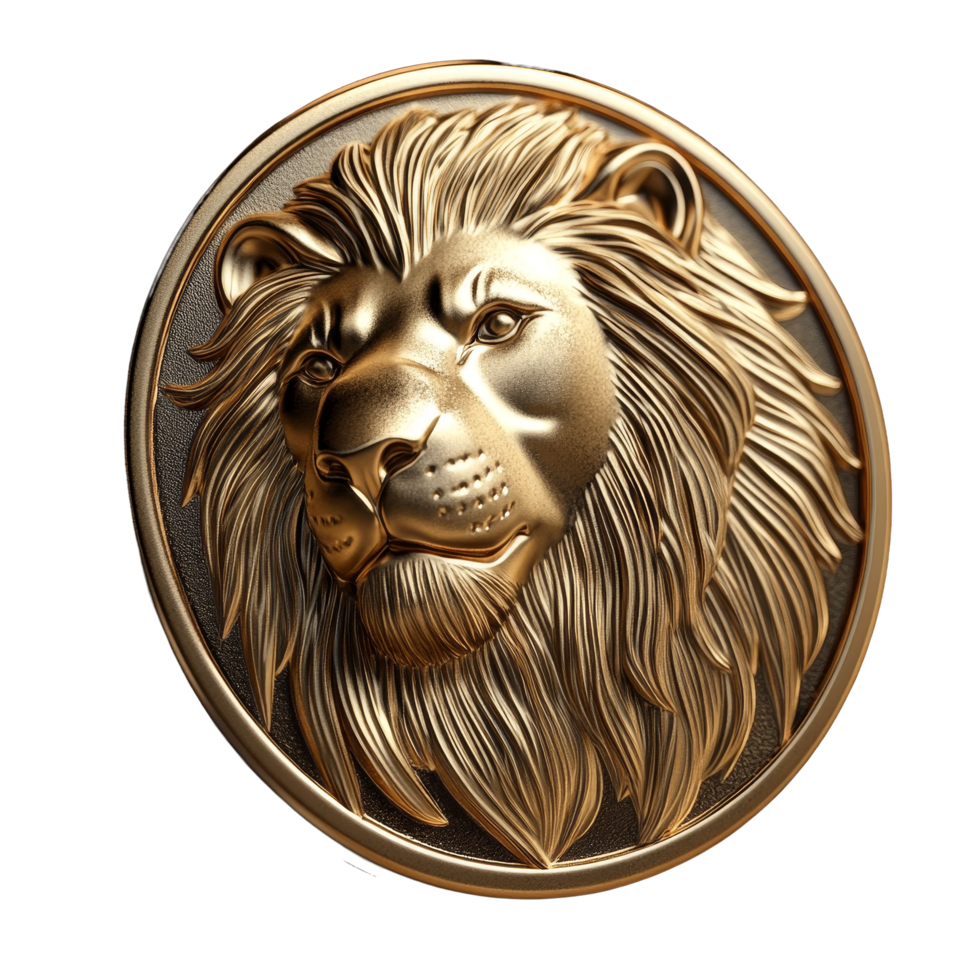 Detailed lion coin render displayed against a black background showcasing exquisite texture and design, Lion Coin 3d render on black background isolated png