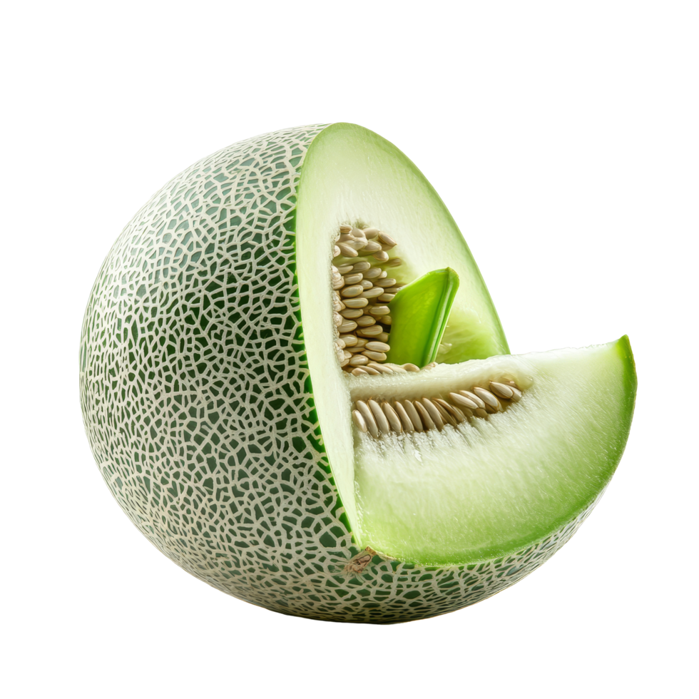 Freshly cut melon showcasing vibrant green flesh and unique texture against a clean transparent background, Melon isolated on transparent background png