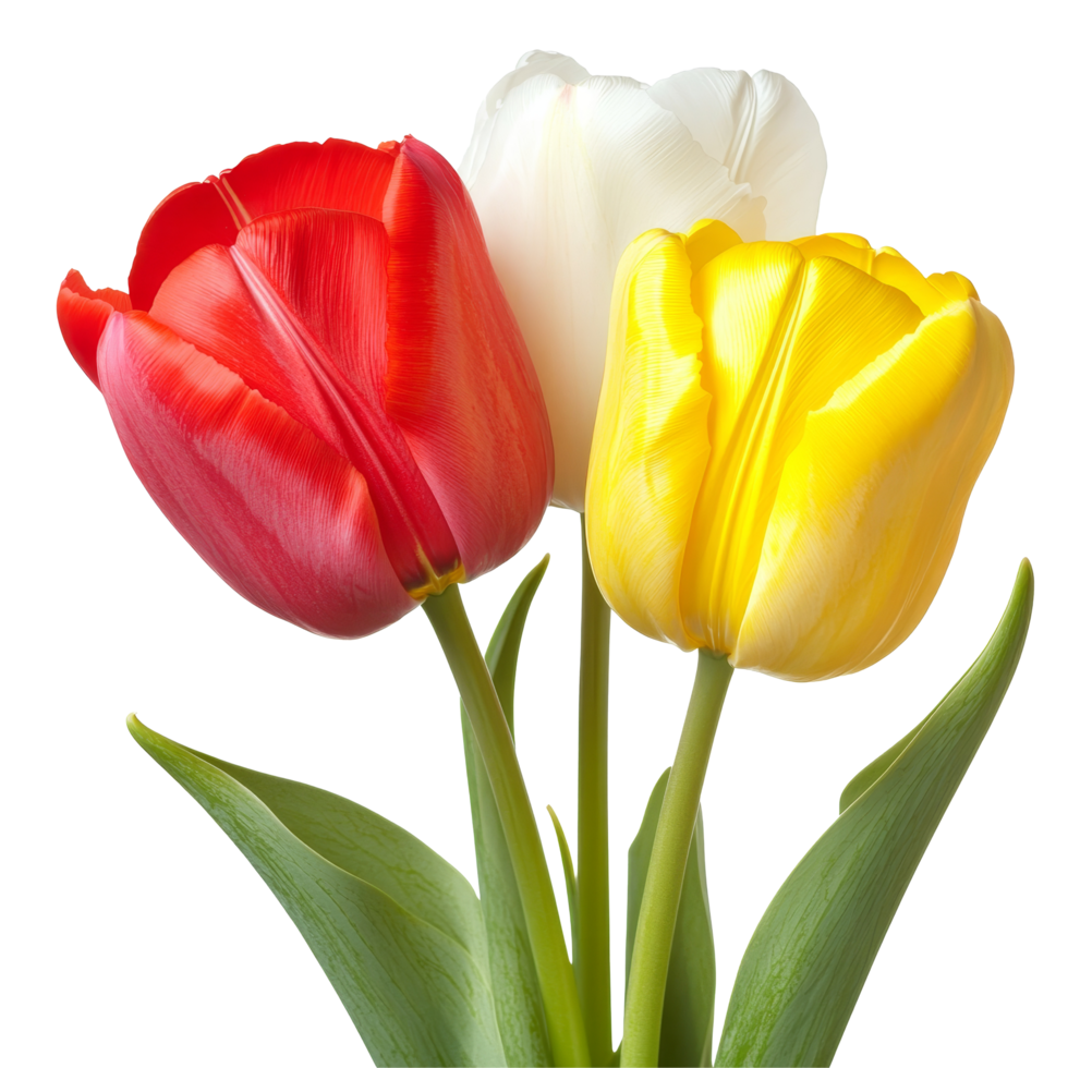 Beautiful red, yellow, and transparent tulips arranged on a clean transparent background for a fresh floral display, redyellow and transparent tulips isolated on transparent background png
