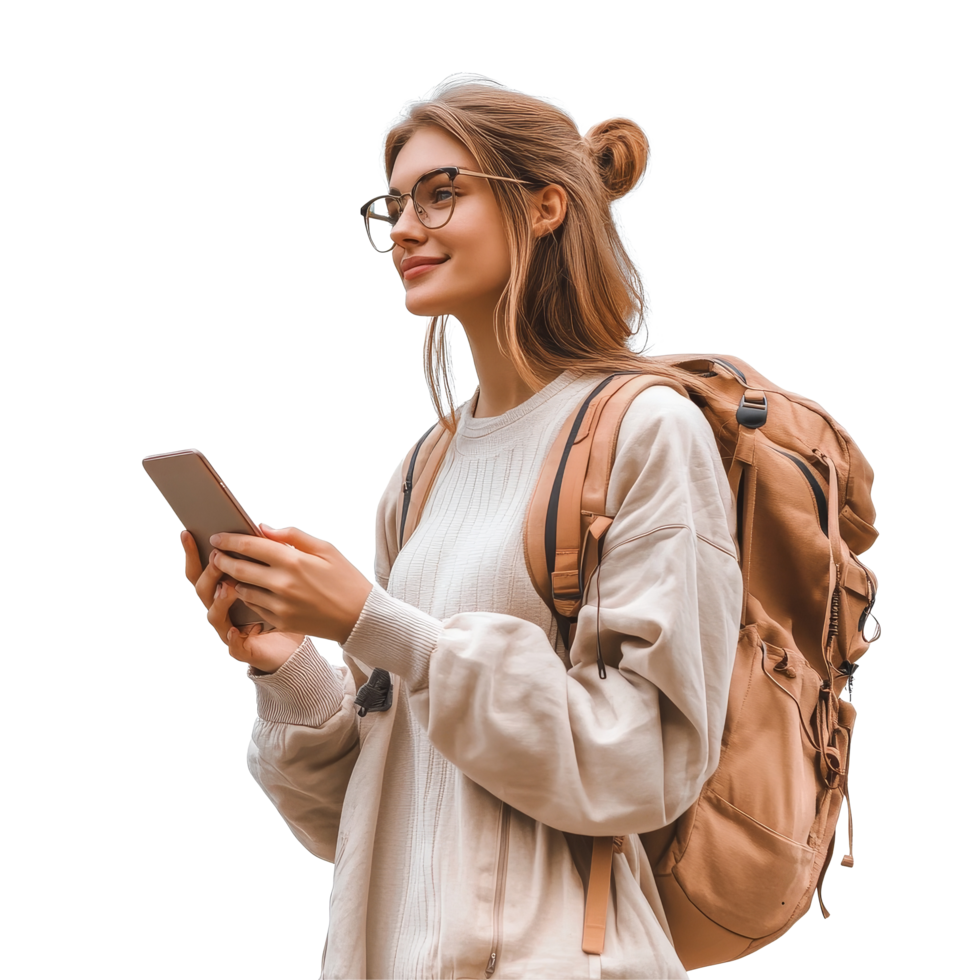 Traveling woman with a backpack using her smartphone outdoors on a bright day, file no background Traveling woman connecting with her smartphone png