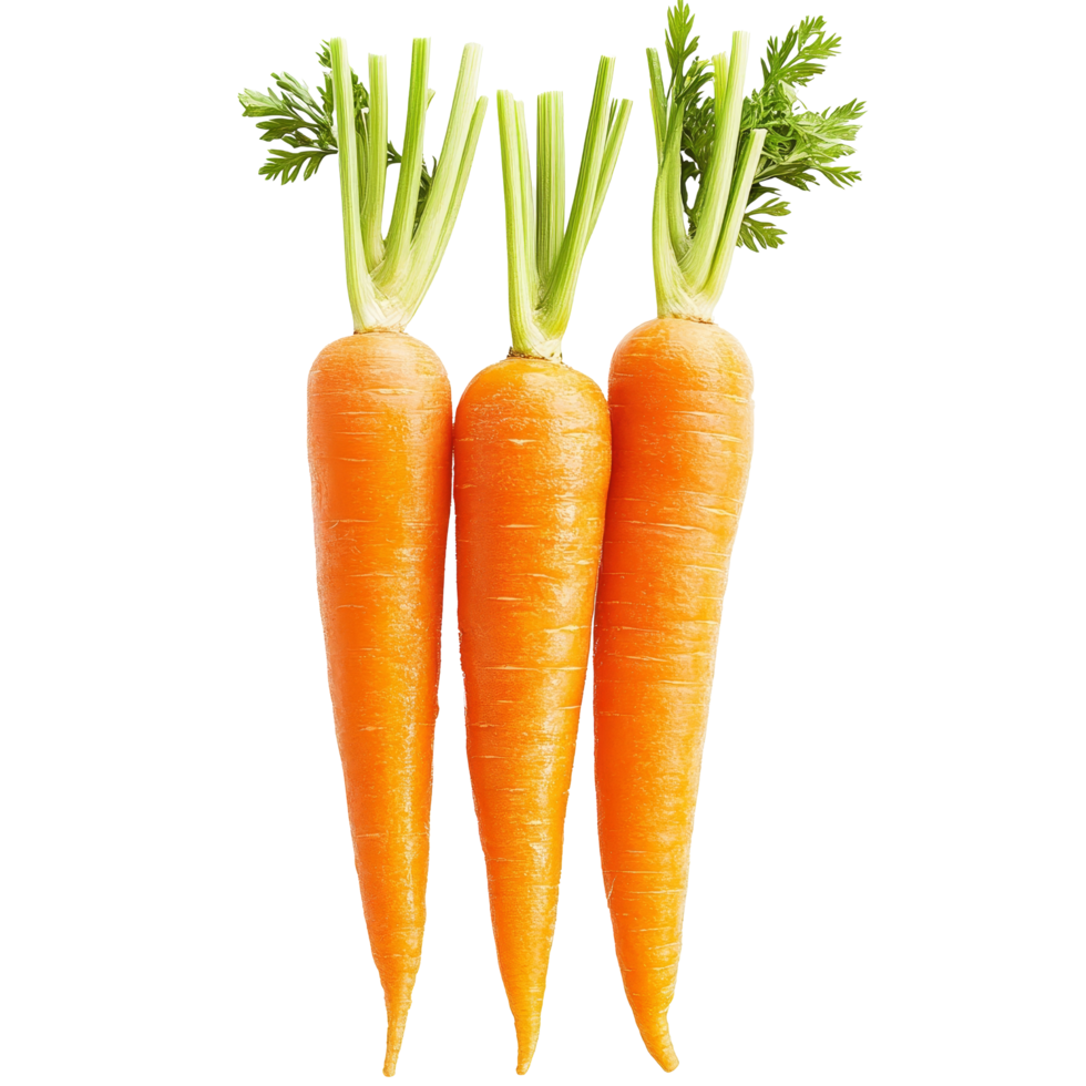 Fresh carrots with green tops isolated on a bright transparent background for healthy food display, carrots isolated on transparent background png