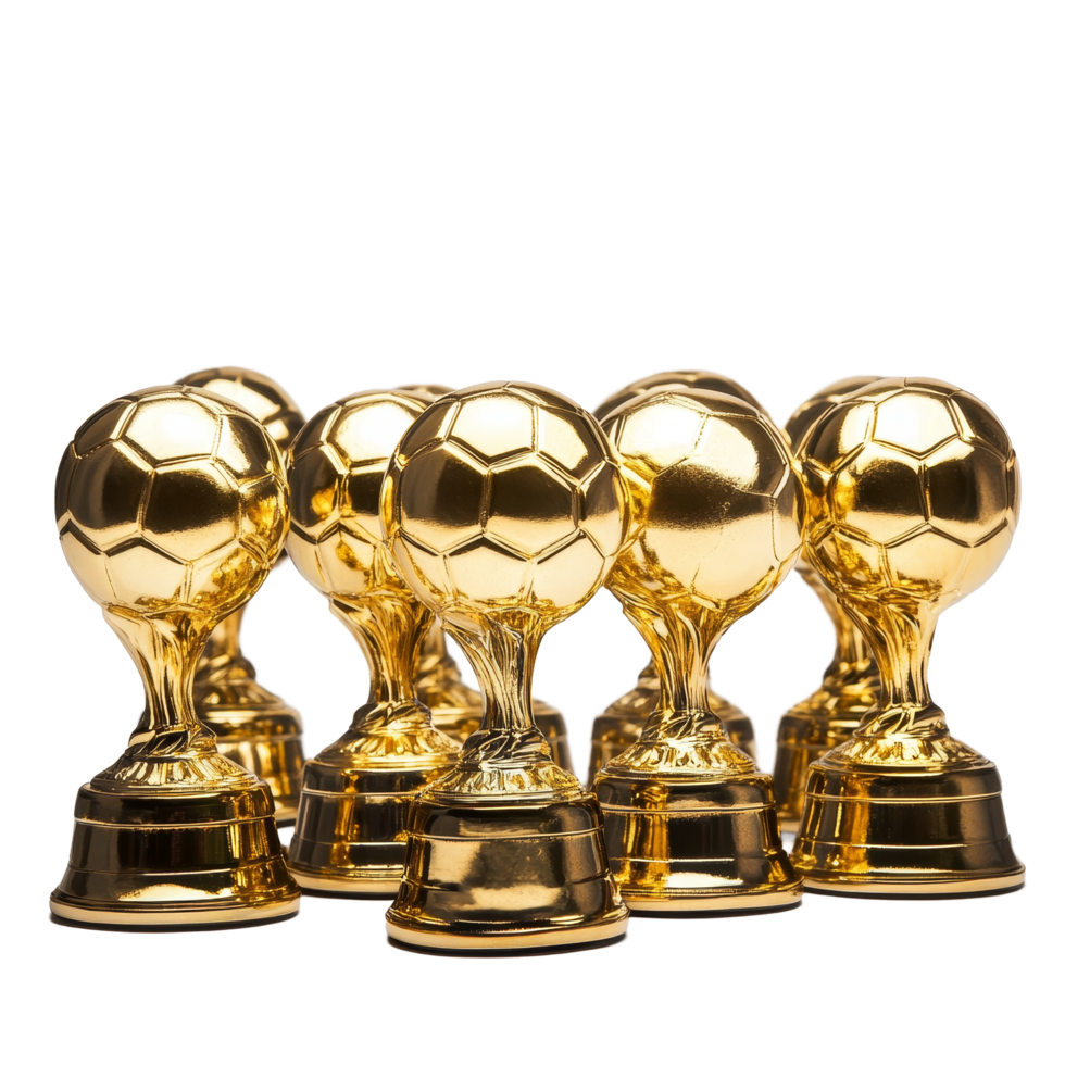 Golden soccer ball trophies arranged on a transparent background highlighting football achievements and awards, Golden Soccer Ball Trophies on transparent background png