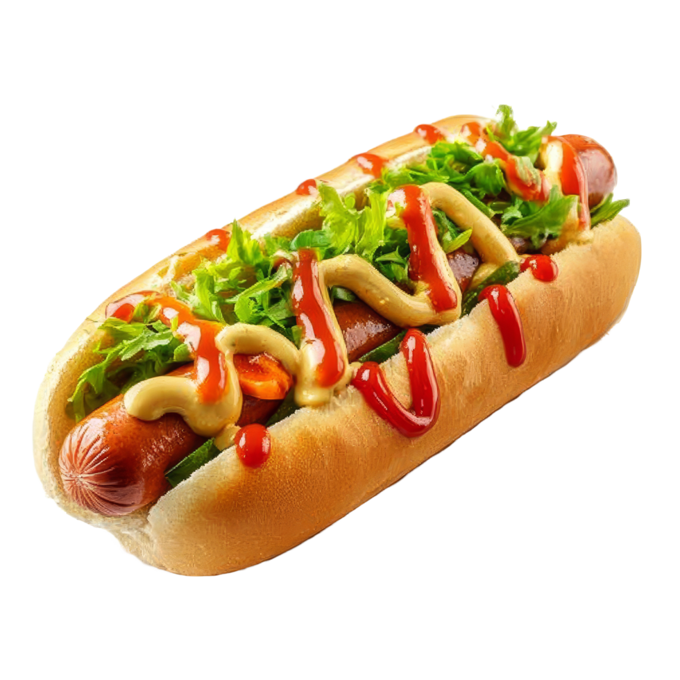 A delicious hot dog loaded with toppings served on a soft bun against a clean transparent background, Delicious hot dog isolated on transparent background png