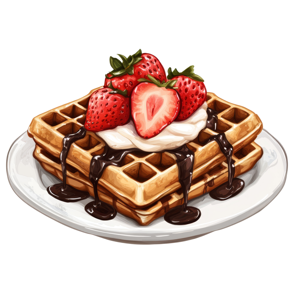 Indulge in delicious waffles drizzled with syrup and topped with fresh strawberries for a delightful breakfast, Delicious Waffles Topped with Syrup, Strawberries and chocolate On transparent png