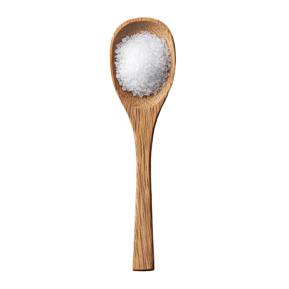 A wooden spoon holds a heap of monosodium glutamate, a popular seasoning used to enhance the flavor of various dishes, monosodium glutamate in wood spoon on transparent background png