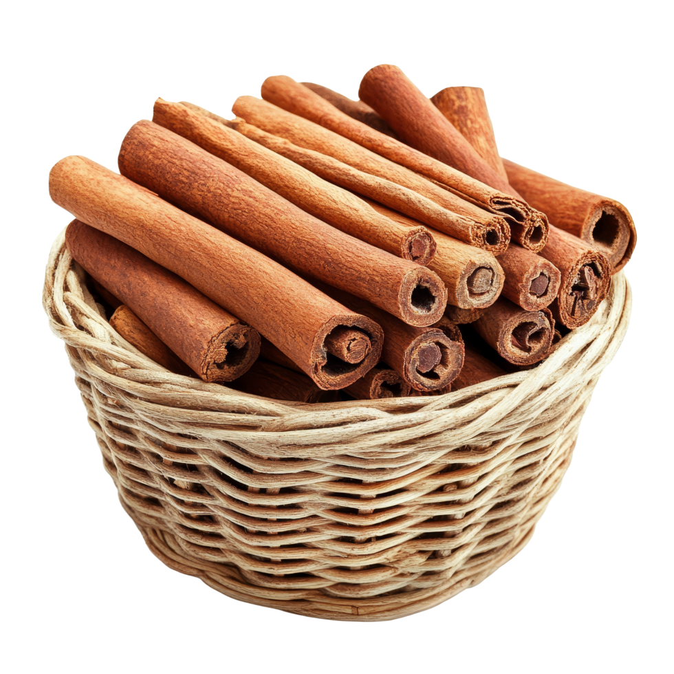 Fresh cinnamon sticks arranged in a rustic basket on a clean transparent background highlighting their rich color and texture, Cinnamon in basket on transparent background png