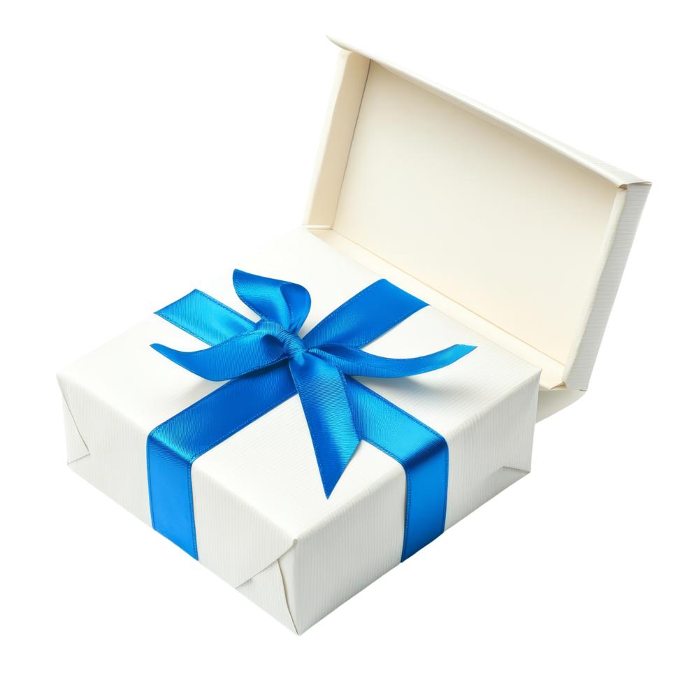 Elegant transparent gift box adorned with a vibrant blue ribbon, ready for celebration or special occasion gifting, transparent open gift box or present with blue ribbon isolated on transparent png
