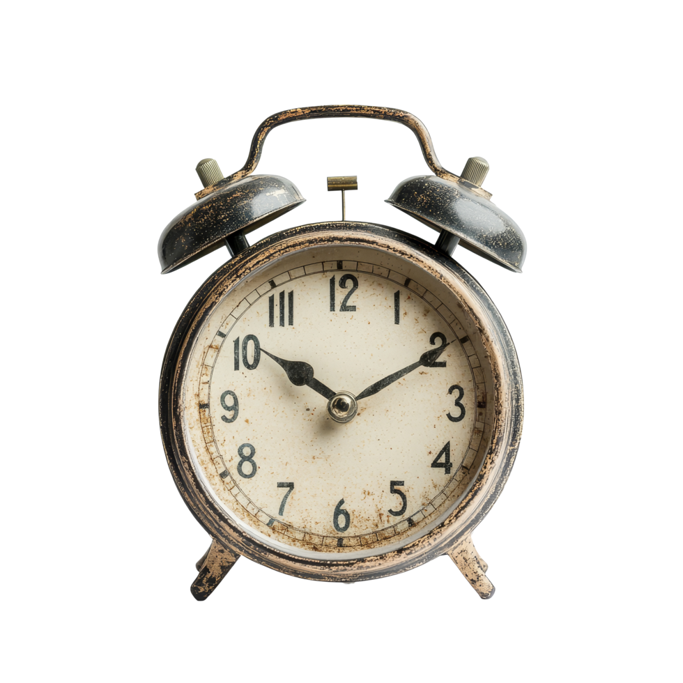 Vintage table alarm clock with classic design and black bells on a minimalist background, vintage table alarm clock, file of isolated object with shadow on transparent background png