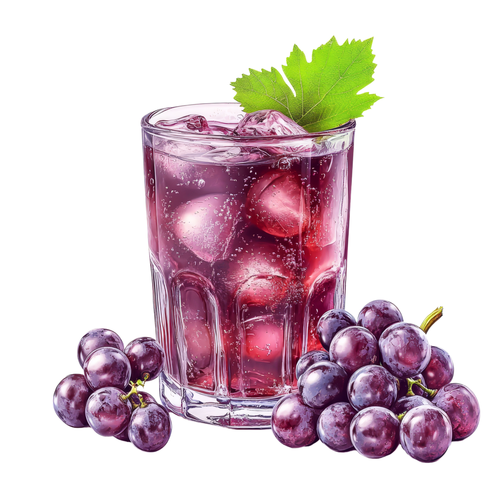 Freshly served glass of grape juice with ice and grapes on a transparent background, glass of grapes juice on transparent background png