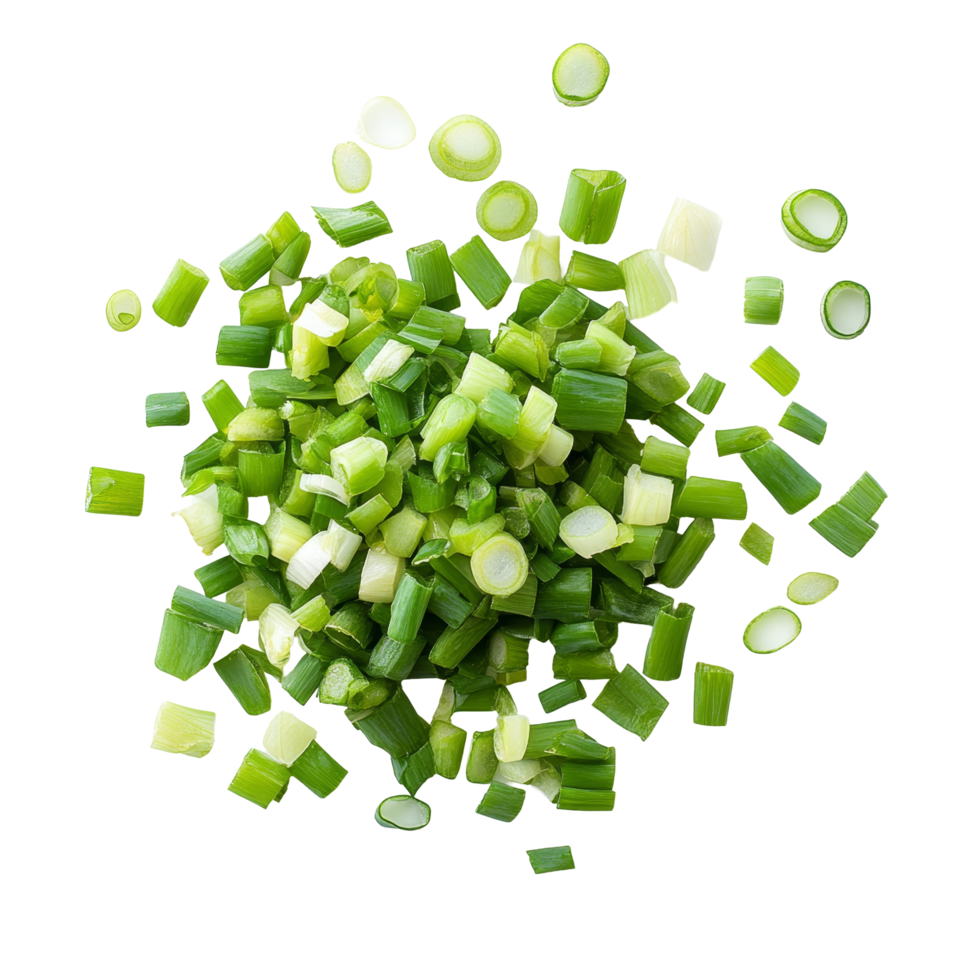 Chopped green onions neatly arranged on a transparent background for culinary preparation or presentation purposes, chopped green onions on transparent background png
