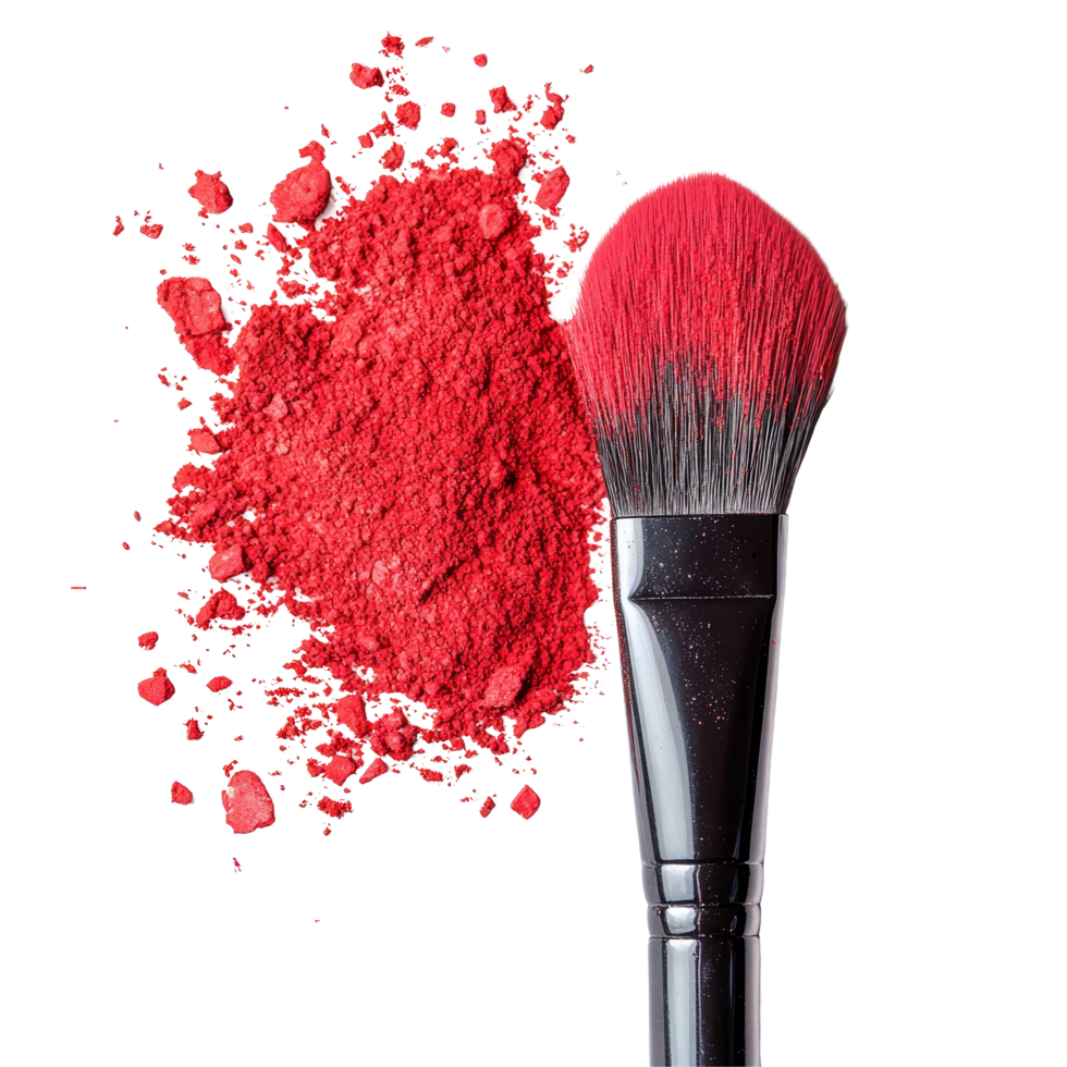 Red makeup paint powder and brush arranged neatly on a clean transparent surface for artistic applications, red makeup paint powder and brush isolated ontransparent background png