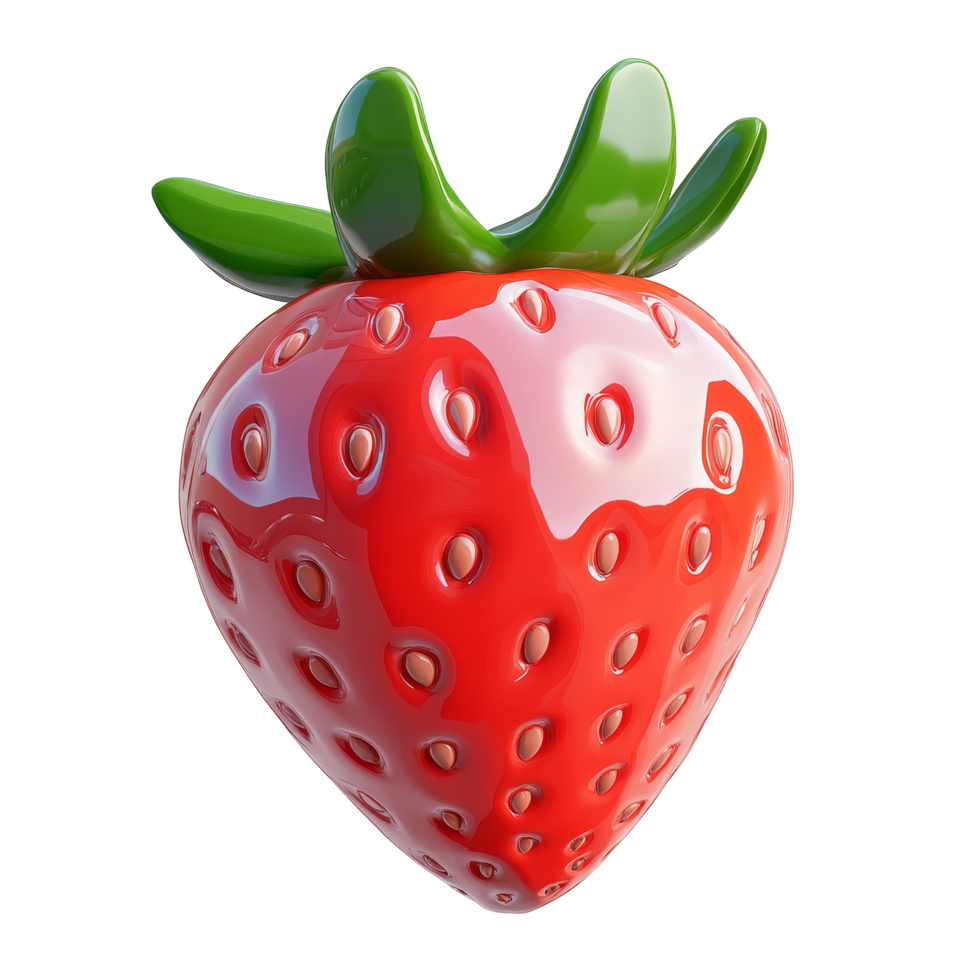 Bright and shiny strawberry fruit icon against a clean transparent background featuring lush green leaves, strawberry 3d fruit icon transparent background png