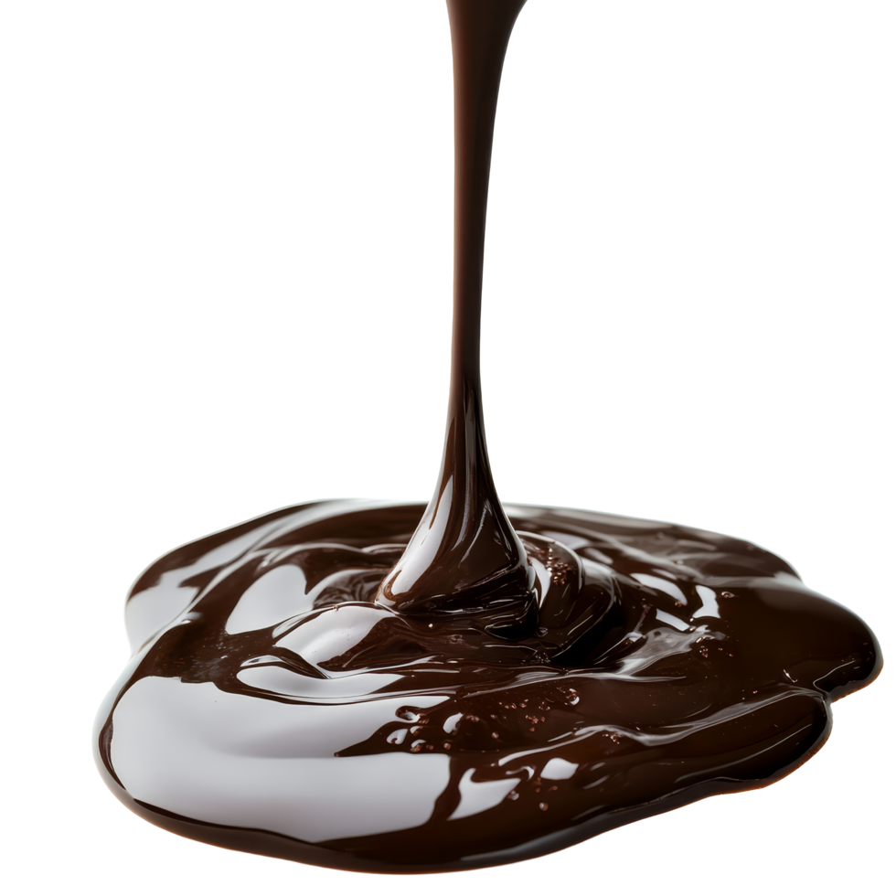 Rich velvety chocolate pour and drip creating a glossy puddle on a transparent background, Velvety Chocolate Pour and Drip isolated on transparent background png