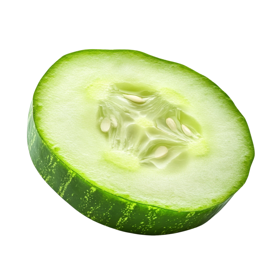Fresh cucumber slice isolated on a bright transparent background showcasing its juicy texture and seeds, Slice of cucumber isolated on transparent background png