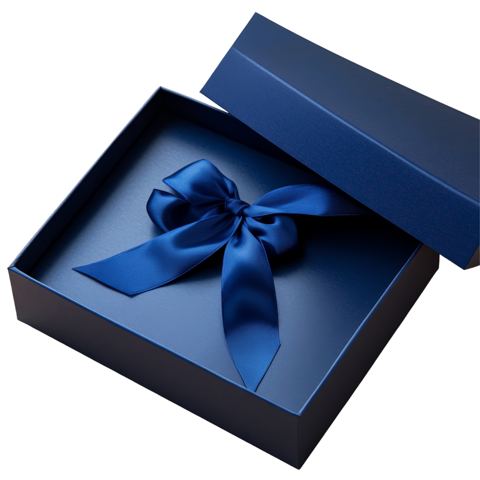 Elegant blue open gift box with ribbon inviting anticipation of a special surprise, Blue open gift box with ribbon png