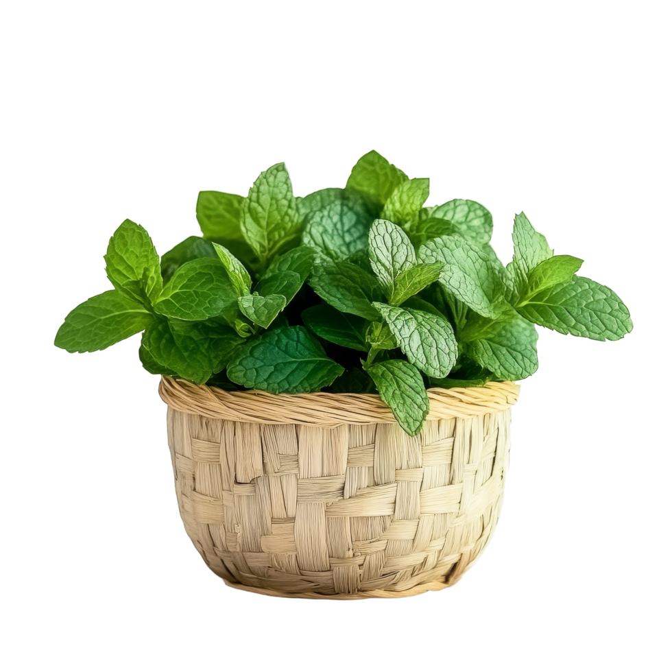 Fresh mint leaves in a woven basket against a clean transparent background for culinary uses and decoration, mint leaf in the basket on transparent background png