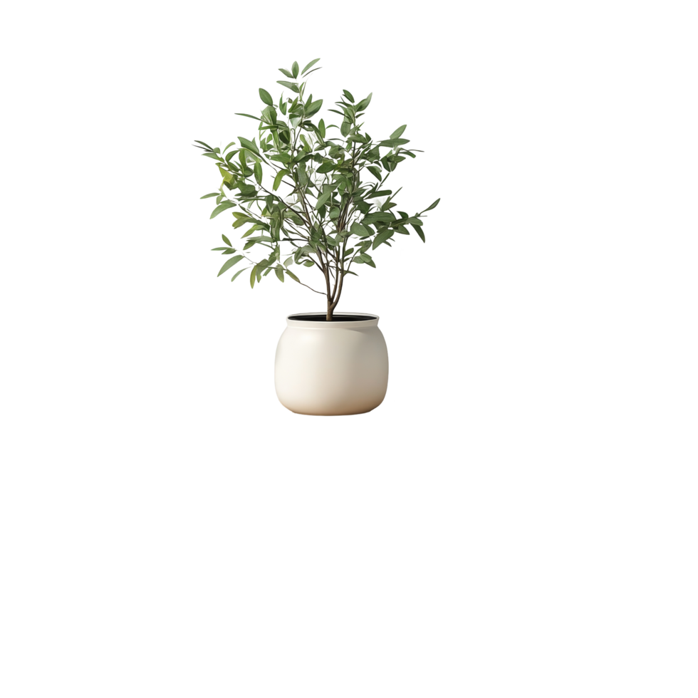 A cozy bedroom with a potted plant on a nightstand beside a neatly made bed, Bedroom Setting with Potted Plant and Nightstand on transparent background png