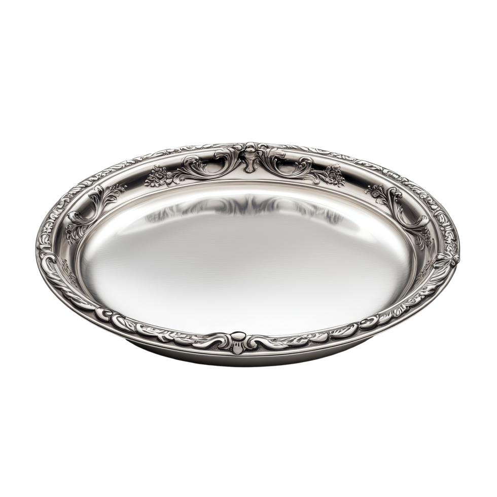 Elegant silver tray isolated on a transparent background, perfect for serving or decorative purposes in any setting, silver tray isolated on transparent background png
