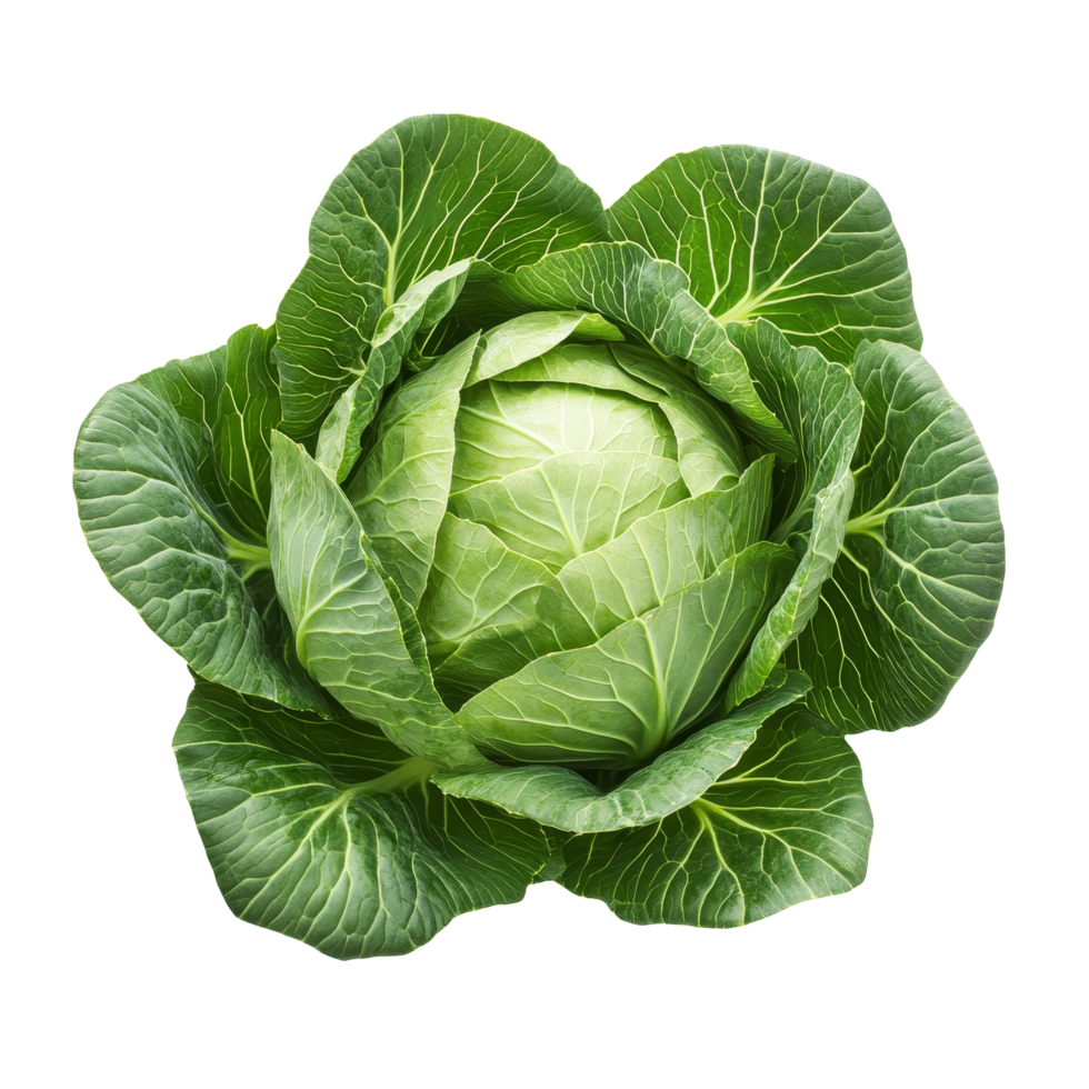 Fresh green cabbage with vibrant leaves isolated against a transparent background for culinary and nutritional purposes, fresh Green cabbage isolated on transparent background png