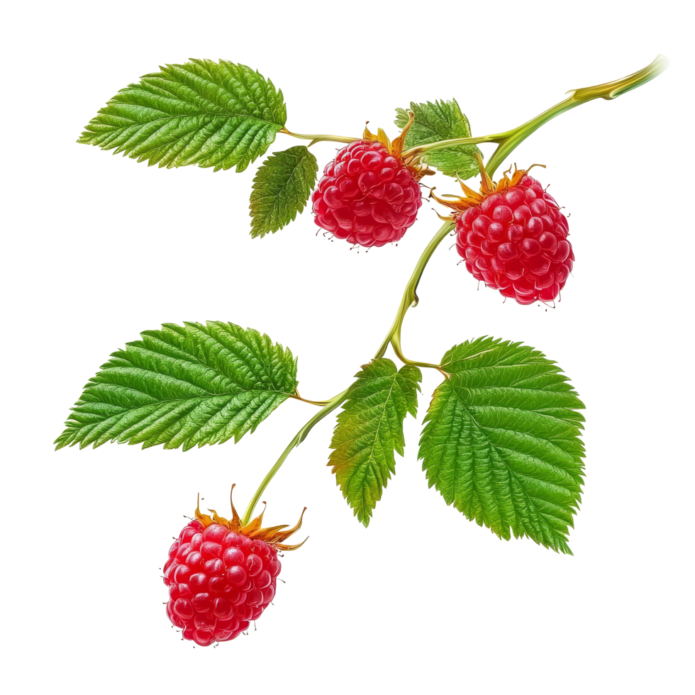 Two vibrant raspberry branches displaying ripe fruits on a clean transparent background, Two raspberry branches are isolated on a transparent background. Raspberry fruits branch transparent background png