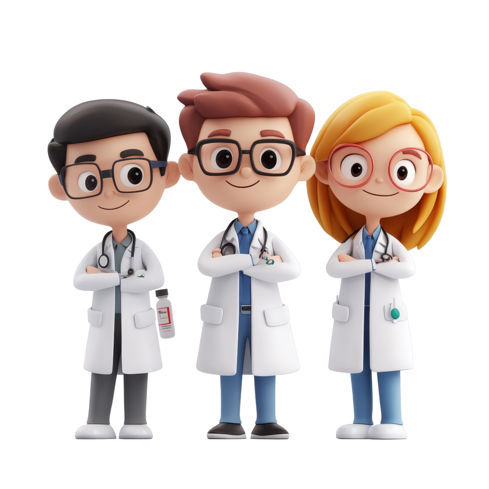 A group of cartoon student characters dressed in lab coats, exploring the world of science and learning, Group of 3D cartoon character student wearing scientific lab coat isolated on transparent png