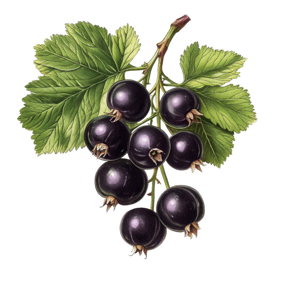 Blackcurrants on a transparent background with green leaves showcasing natural beauty and freshness, Blackcurrants Isolated on transparent background Old Botanical Illustration png