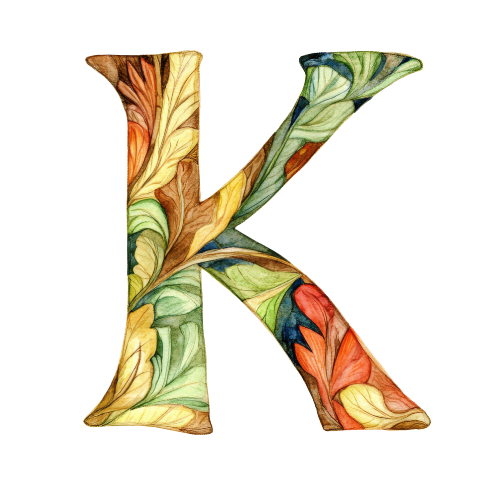 Creative representation of the consonant letter K adorned with colorful leaf patterns against a transparent backdrop for artistic expression, consonant letter k is used to make words on transparent png