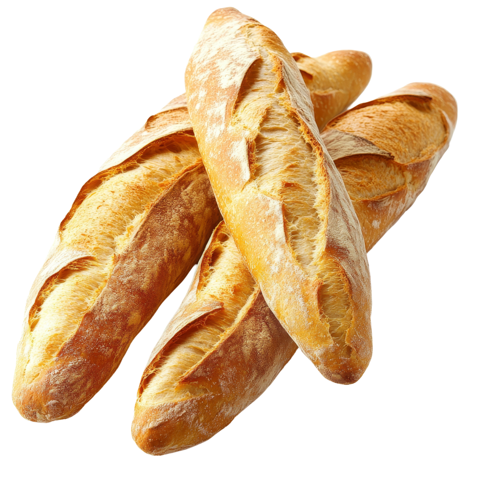 Freshly baked baguettes isolated on a transparent background, showcasing their golden crust and soft interior texture, Freshly baked baguette isolated png