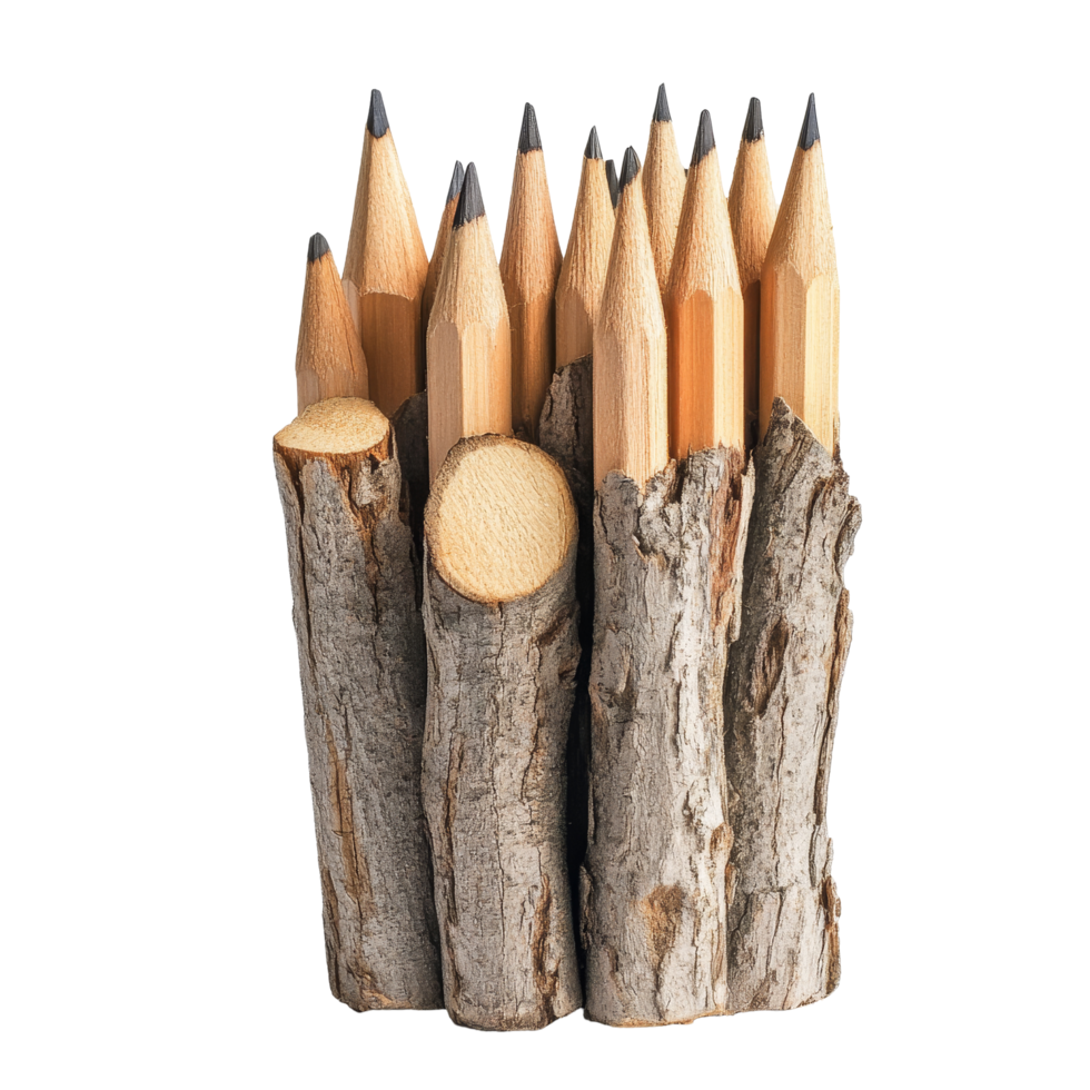 A collection of sharpened wooden pencils arranged in a rustic holder made from tree branches on a transparent background, Pencil wood on transparent backgroundfile png