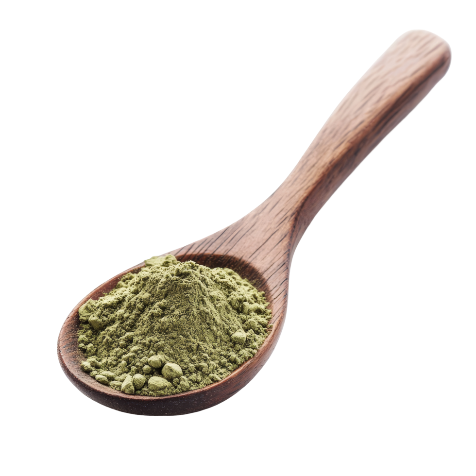 Instant green tea powder in a wooden spoon on a transparent background ready for use in beverages or recipes, Instant green tea powder in wood spoon isolated on transparent background png