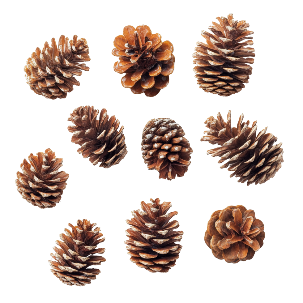 A collection of pine cones arranged attractively on a transparent background highlighting their natural textures and colors, some pine cones isolated on transparent background png