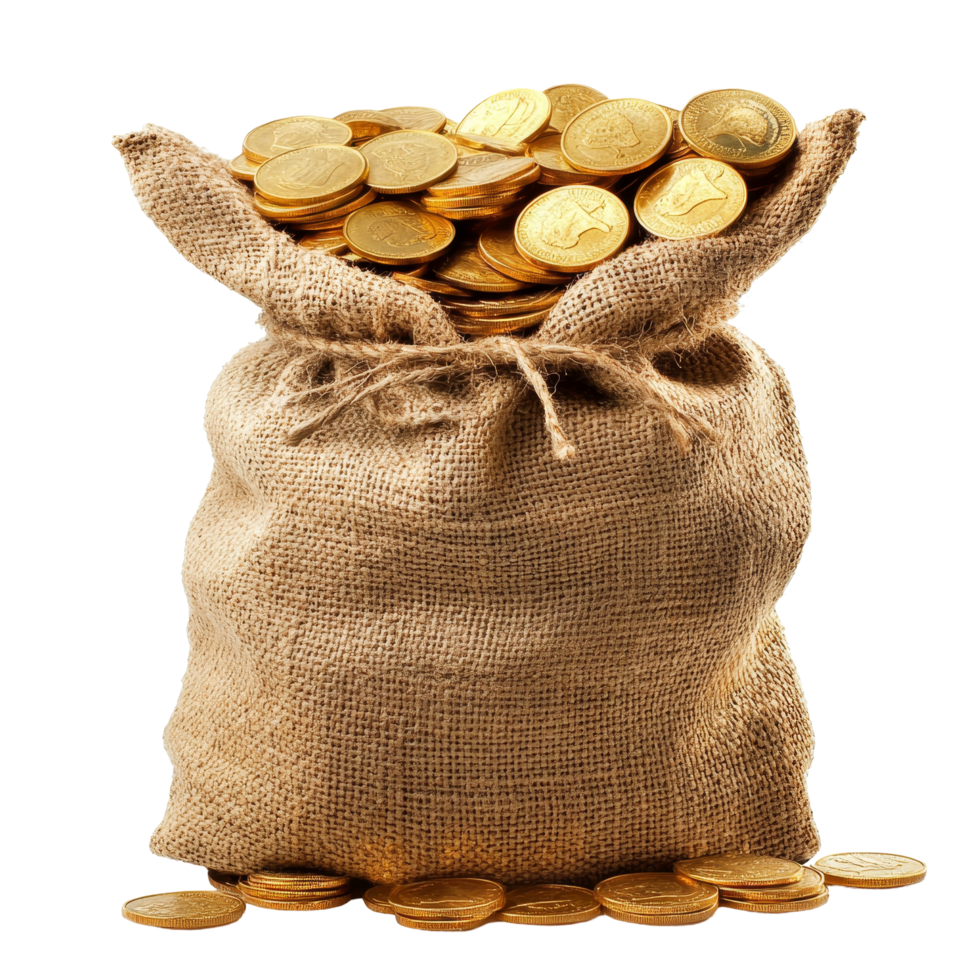 A burlap sack overflowing with gold coins resting on a transparent surface, Burlap sack full with gold coins isolated on transparent background Stock Photo png
