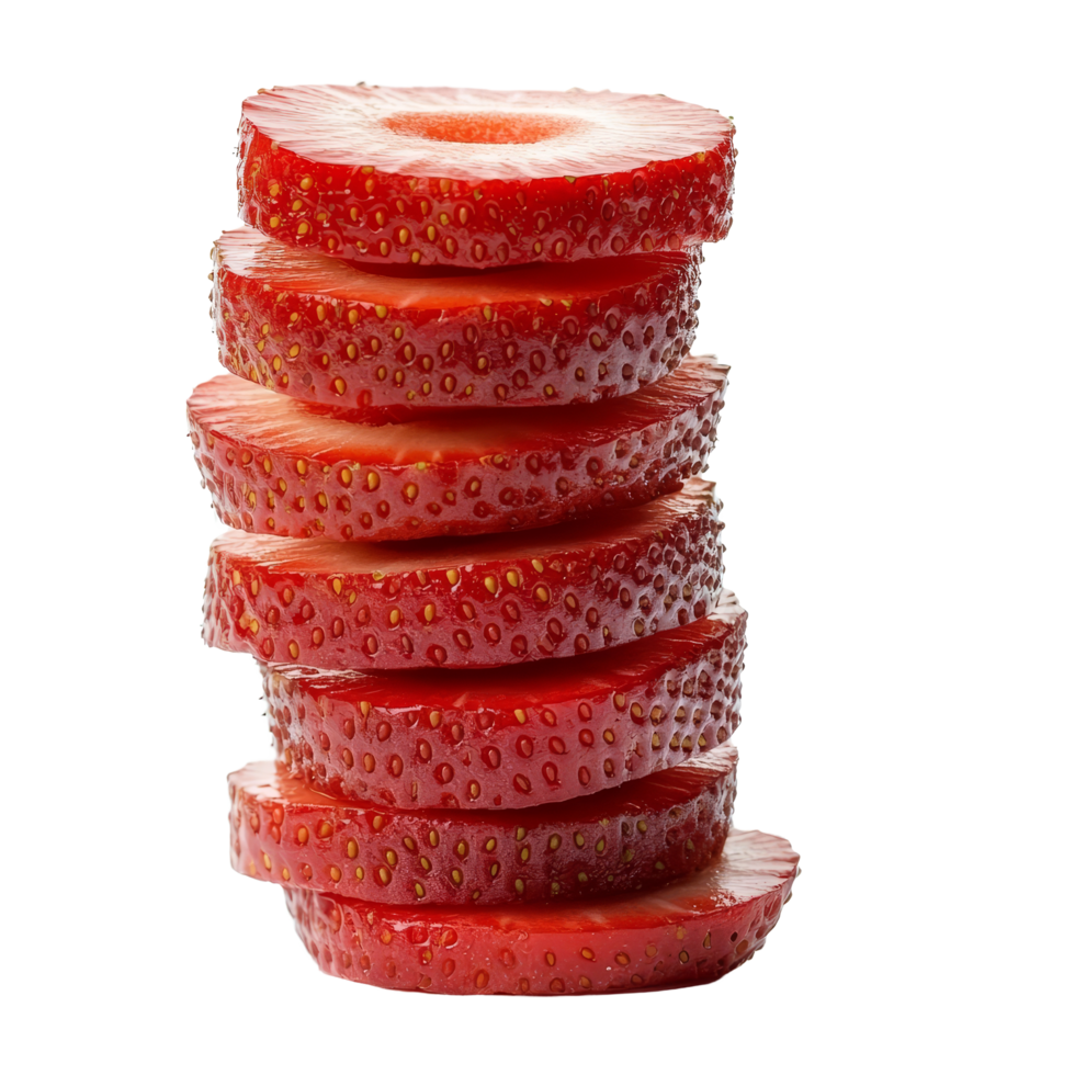 Stacked slices of fresh strawberries isolated on a transparent background for culinary inspiration and health benefits, stack of sliced strawberries isolated on transparent background png