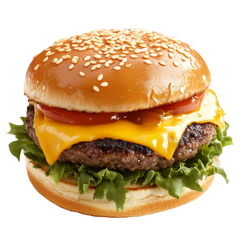 A delicious cheeseburger with melted cheese, fresh lettuce, and tomato served on a sesame seed bun for a tasty meal, cheeseburger hamburger topped with cheese isolated on transparent background png