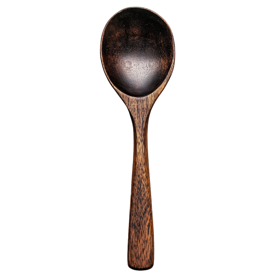 Dark wooden cooking spoon isolated on transparent background, perfect for stirring, serving, and culinary activities, Isolated dark wooden cooking solid spoon png