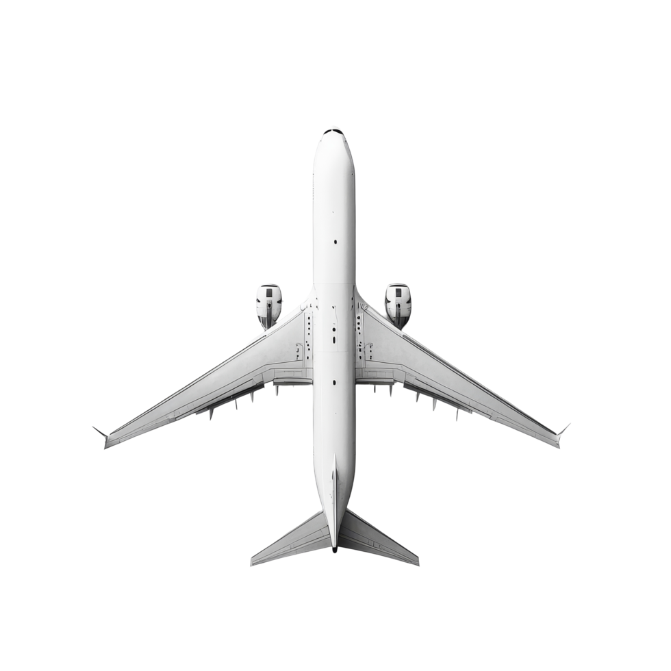 Aerial view of a modern airplane on a minimalist transparent background showcasing its sleek design and structure, Plane on transparent background png