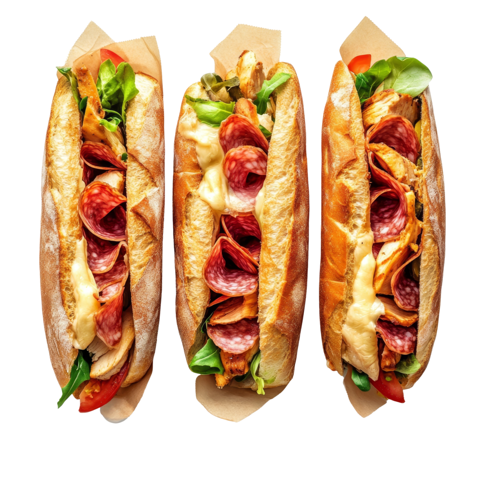 Delicious ham, cheese, chicken, and salami baguette sandwiches perfect for a quick lunch or snack on a sunny day, Ham Cheese, Chicken, and Salami Sandwiches Baguette on transparent background png