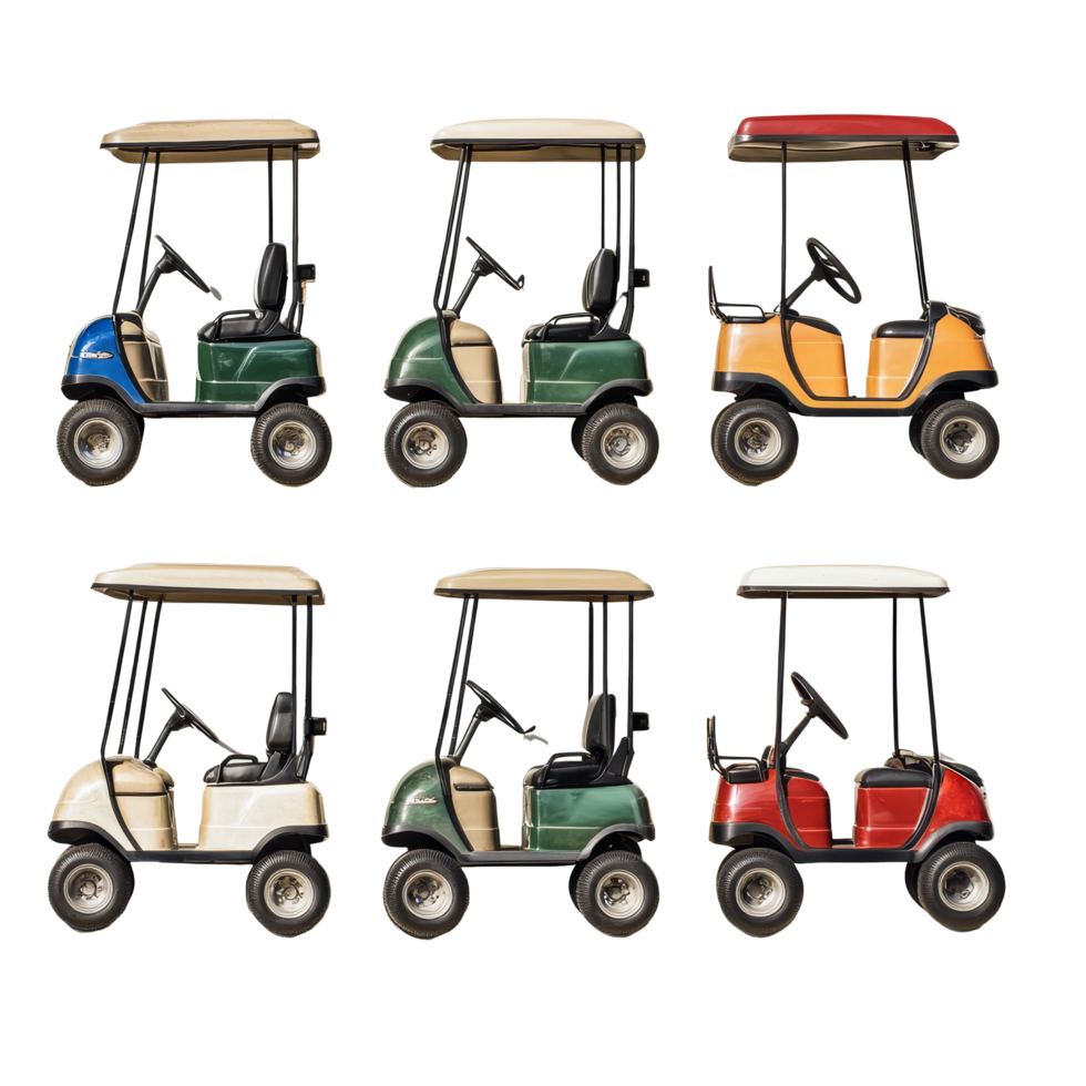 Colorful collection of golf carts arranged on a transparent background showcasing various styles and designs, Golf Carts on transparent background png