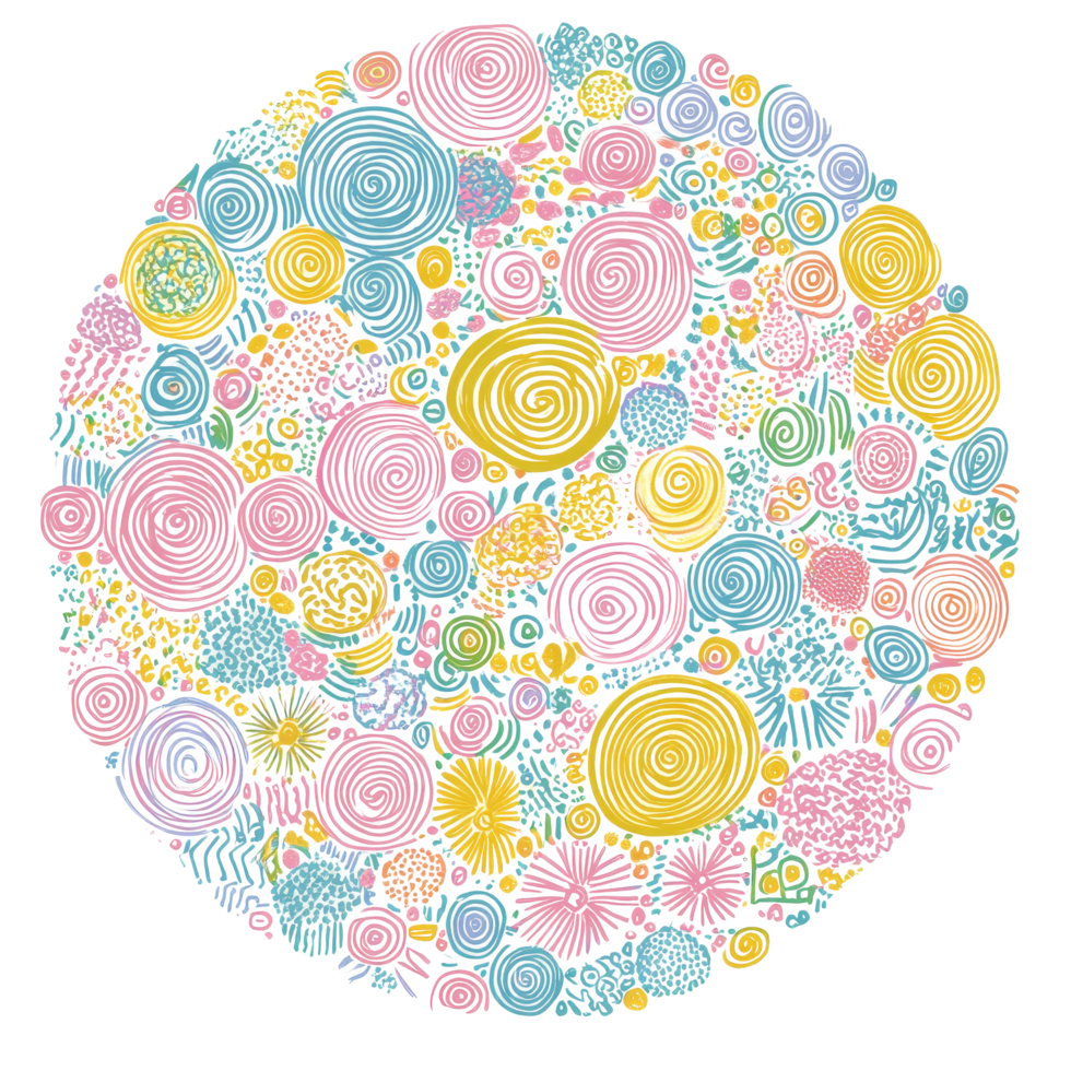 Vibrant circle doodle design in soft pastel hues featuring intricate spirals and floral elements, Whimsical circle doodle in soft, pastel shades, isolated on a transparent background png