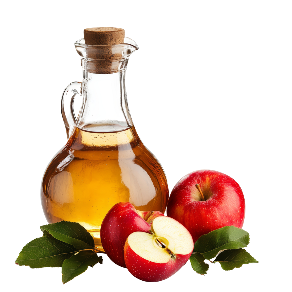 Fresh red apples with apple cider vinegar on transparent background showcasing natural ingredients, A jug of apple cider vinegar with fresh red apples isolated png