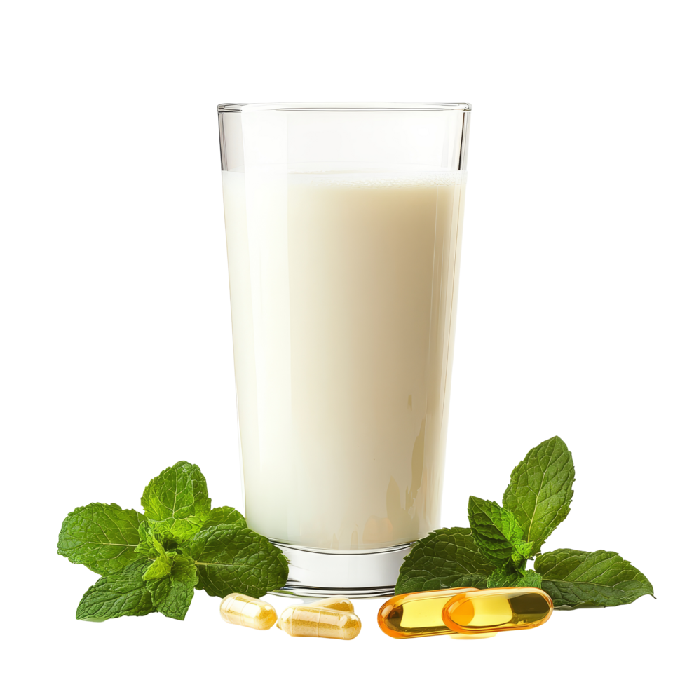A refreshing glass of milk with mint leaves and fish oil capsules on a transparent background, glass of milk mint and fish oil on transparent background png