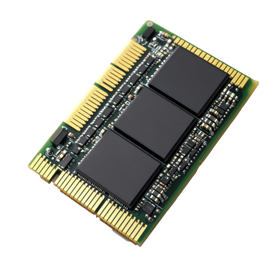 Computer memory storage module displayed on a transparent background, highlighting its intricate design and hardware components, computer memory storage on transparent backgroundfile png