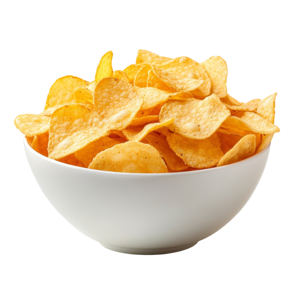 Crispy potato chips served in a transparent bowl against a plain background for an appetizing snack experience, Potato chips isolated png