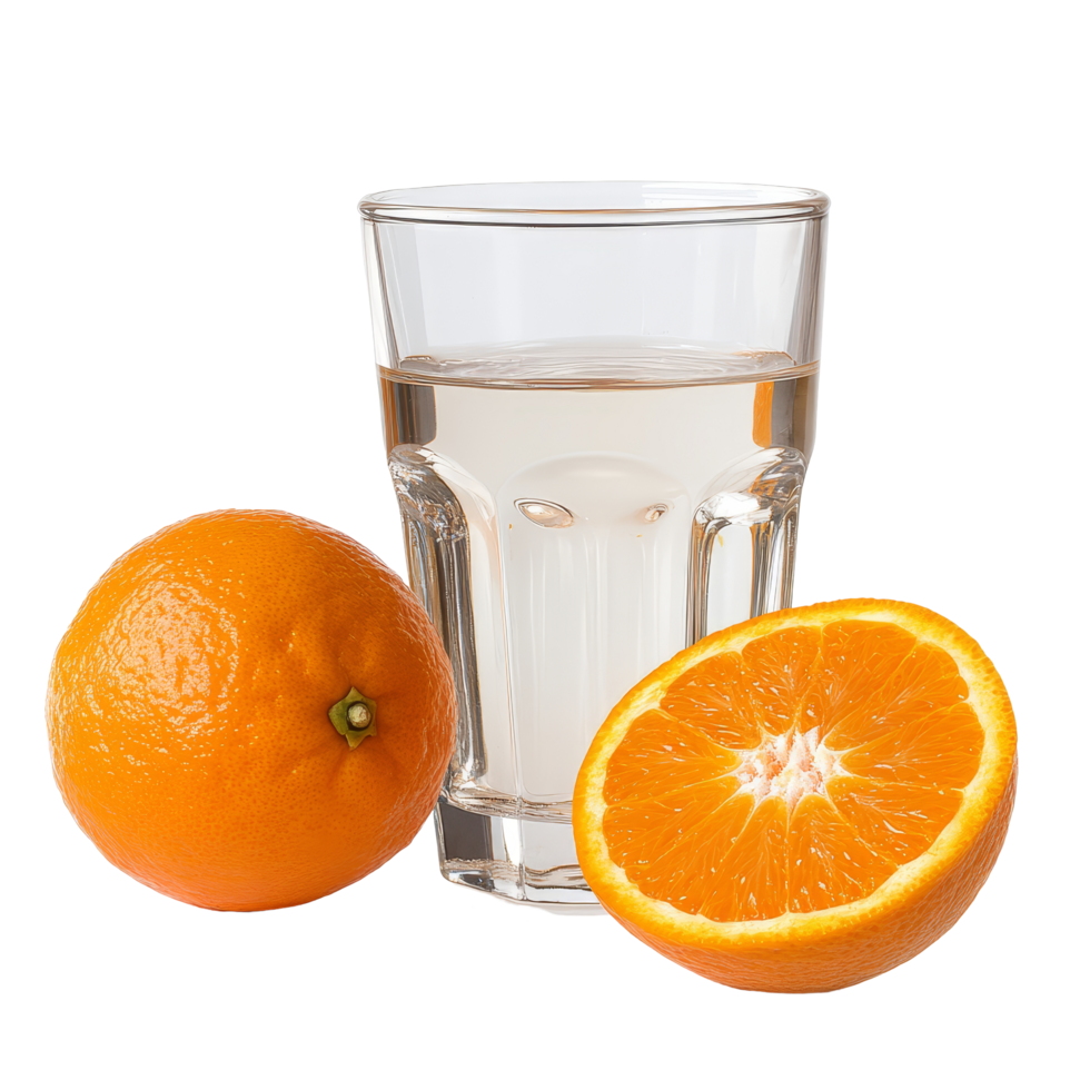 Refreshing glass of water beside whole and sliced orange on a transparent surface, Glass of water with orange fruit on transparent background png