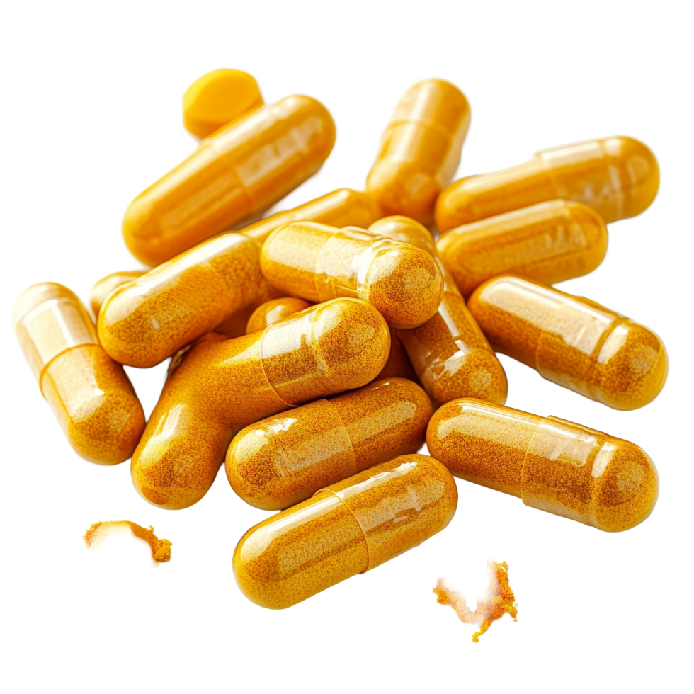 Turmeric capsules spilling onto a transparent background showcasing their vibrant golden color and herbal benefits, herb turmeric capsules spilling on transparent background png