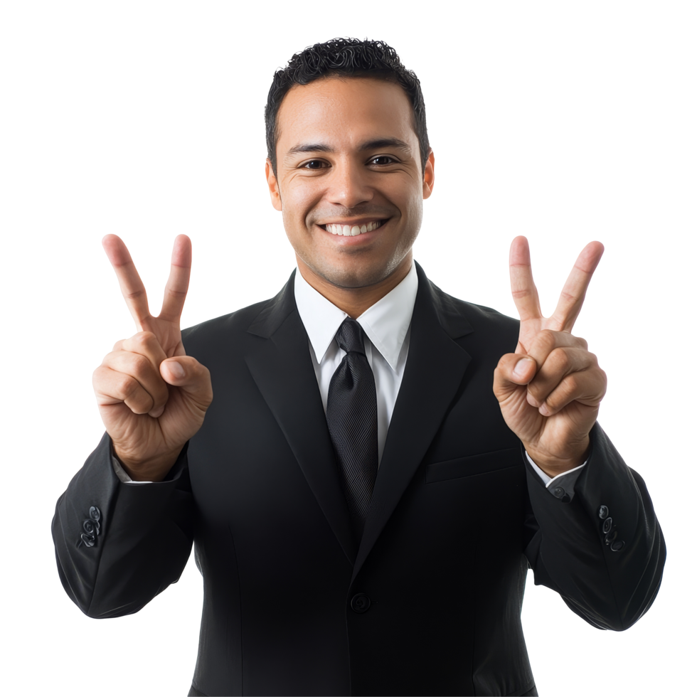 Successful businessman smiling and making victory signs in a professional suit against a plain background, file no background Successful businessman making V signs png
